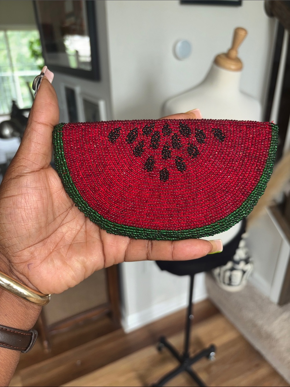 Rare Neiman Marcus Beaded Watermelon Half-Moon Clutch - Red & Green